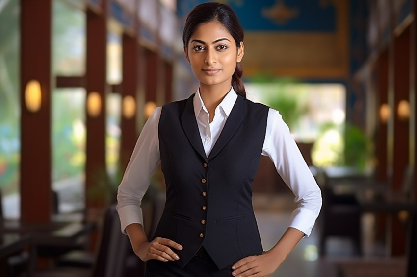 Indian female concierge working on blurred background Indian female concierge working on blurred background