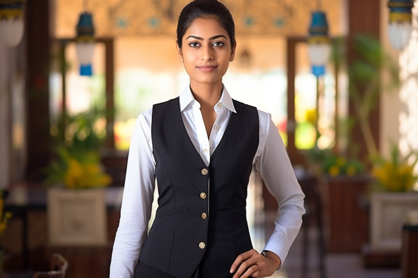 Indian female concierge working on blurred background Indian female concierge working on blurred background