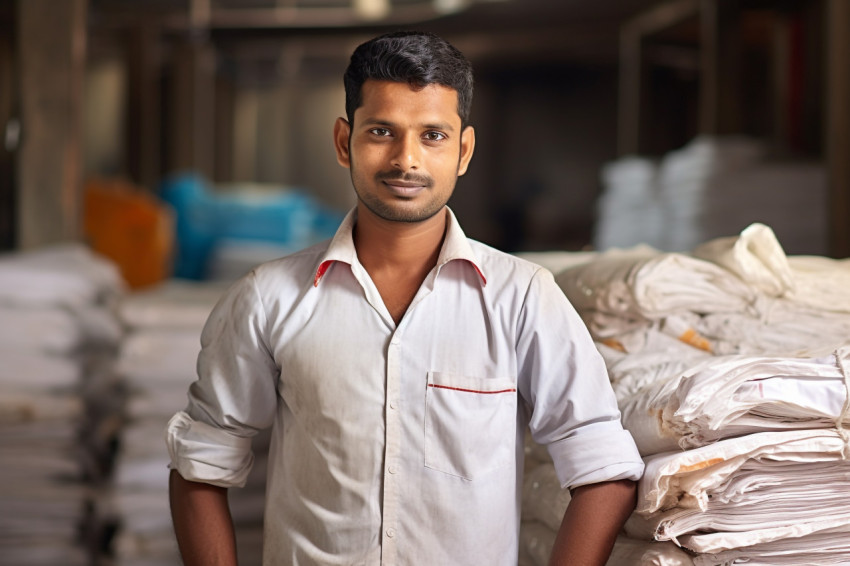 Indian laundry worker working confidently in a blurred background