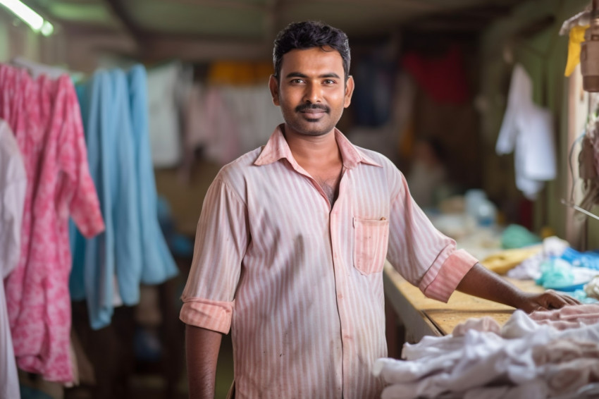 Indian laundry worker working confidently in a blurred background