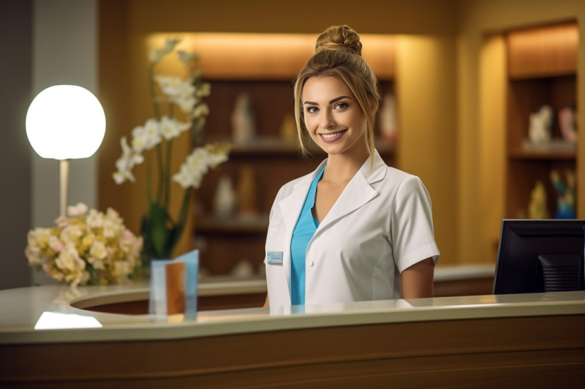 Receptionist smiling and working Receptionist smiling and working