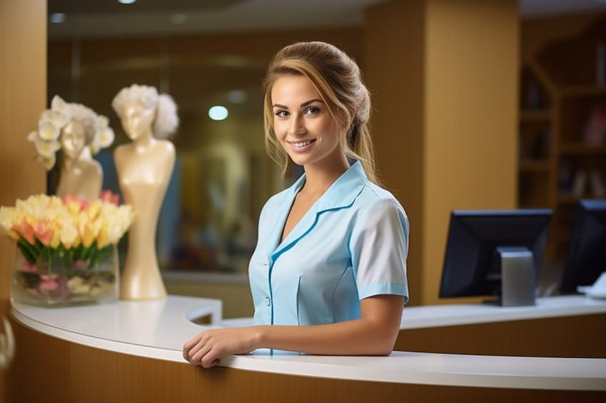 Receptionist smiling and working Receptionist smiling and working