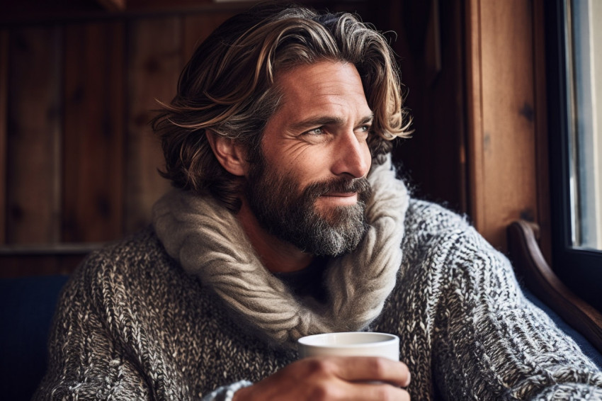 Man enjoys coffee in cozy cafe