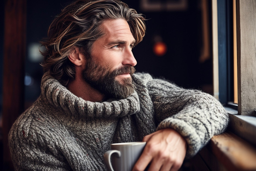 Man enjoys coffee in cozy cafe