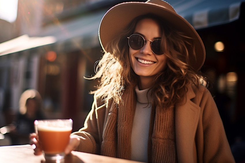 Charming woman enjoys coffee at European square cafe