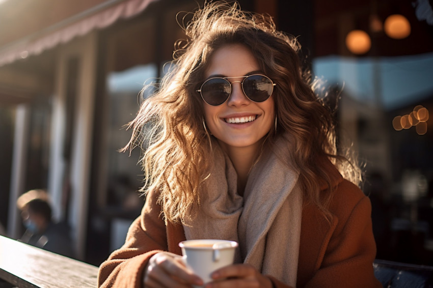 Charming woman enjoys coffee at European square cafe