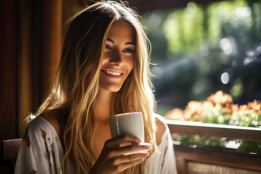 Woman enjoying tea in serene Japanese garden