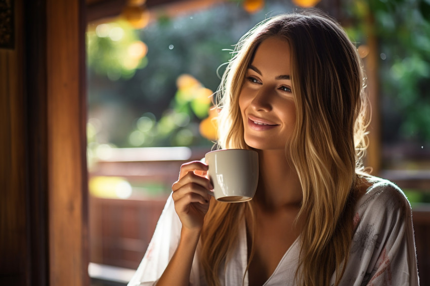 Woman enjoying tea in serene Japanese garden