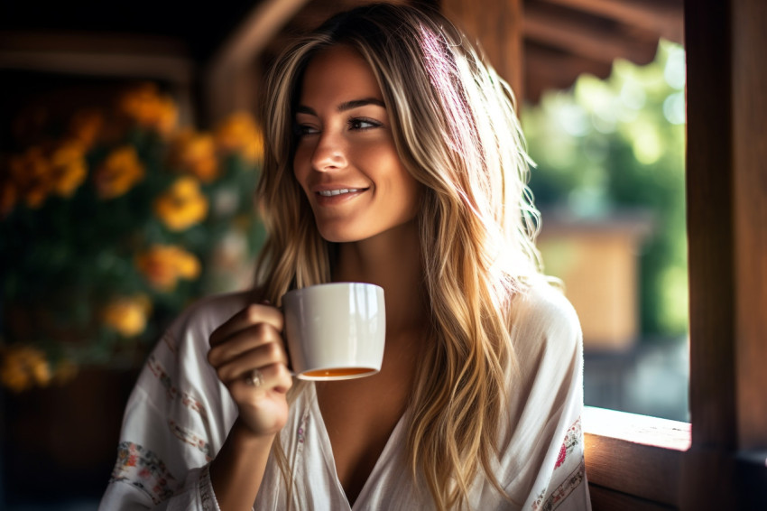 Woman enjoying tea in serene Japanese garden