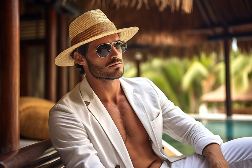 Man chilling poolside at tropical resort