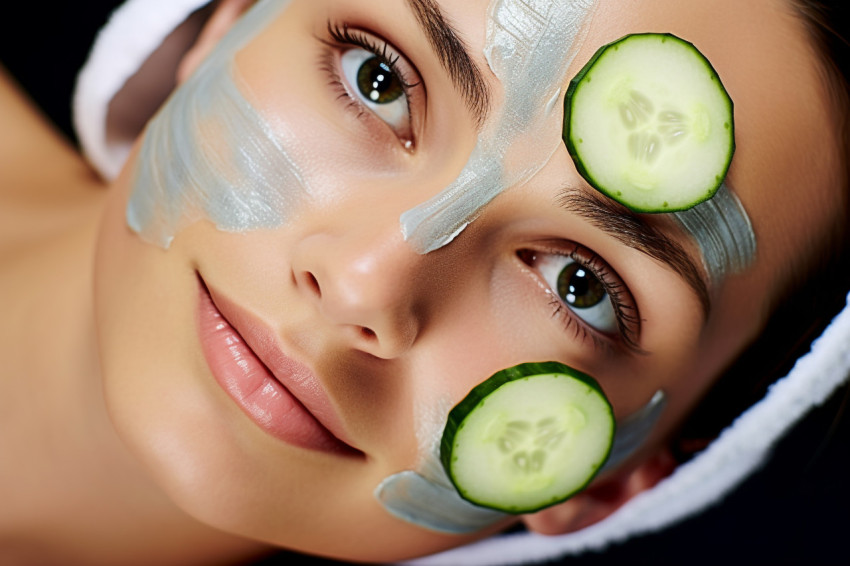 Lady enjoying a spa facial treatment with cucumber slices