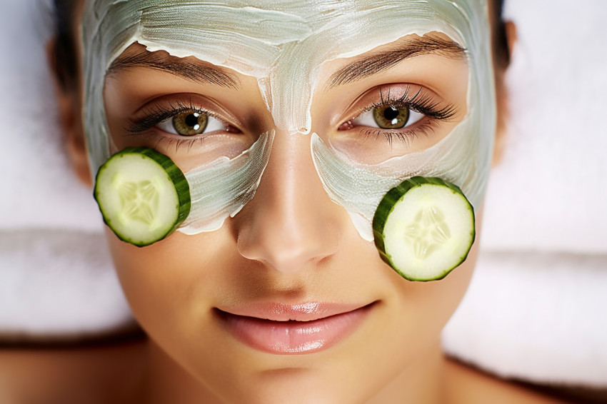 Lady enjoying a spa facial treatment with cucumber slices