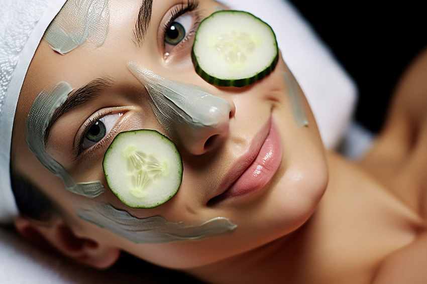 Lady enjoying a spa facial treatment with cucumber slices