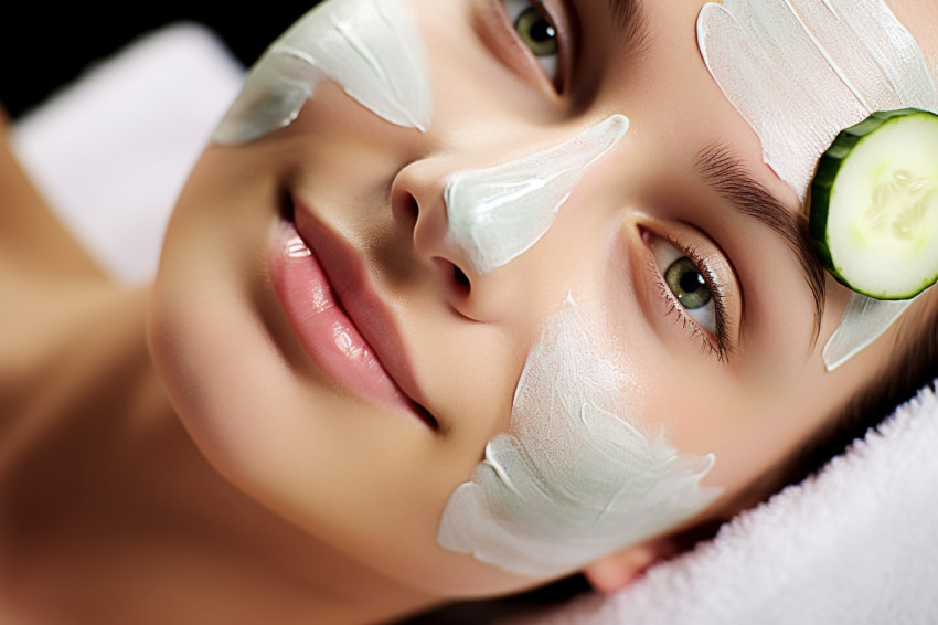 Lady enjoying a spa facial treatment with cucumber slices