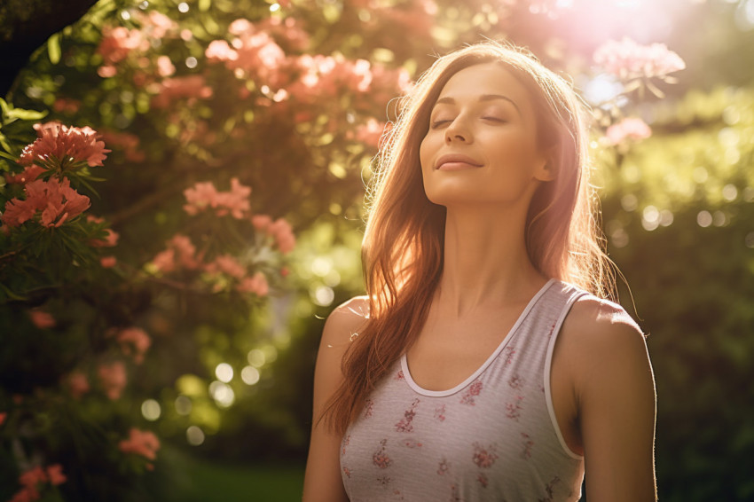 Serene yoga in a garden with a lovely woman