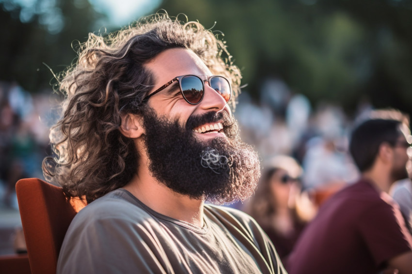 Suave guy rocking out at concert in outdoor amphitheater