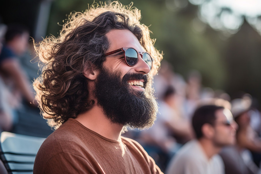 Suave guy rocking out at concert in outdoor amphitheater