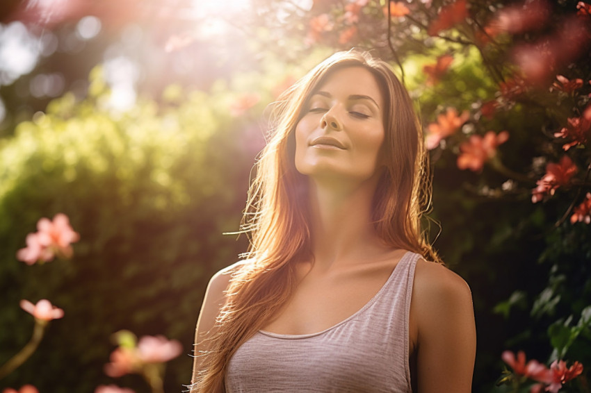 Serene yoga in a garden with a lovely woman