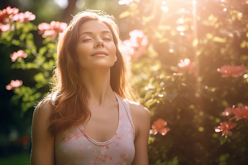 Serene yoga in a garden with a lovely woman