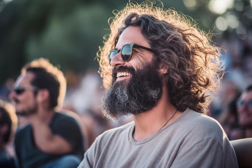 Suave guy rocking out at concert in outdoor amphitheater