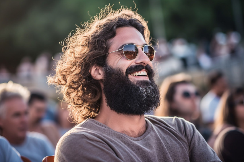 Suave guy rocking out at concert in outdoor amphitheater