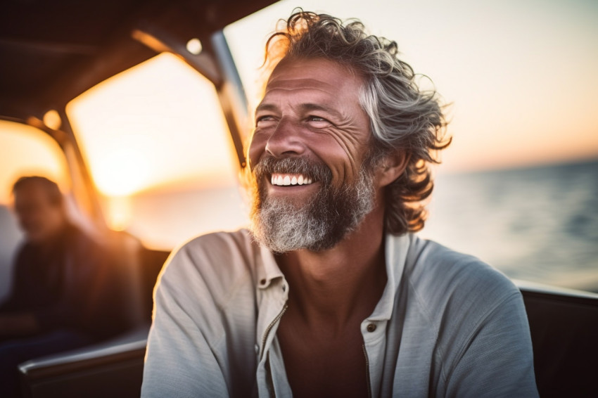 Man enjoys sunset yacht cruise Man enjoys sunset yacht cruise