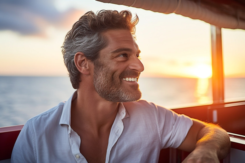 Man enjoys sunset yacht cruise Man enjoys sunset yacht cruise