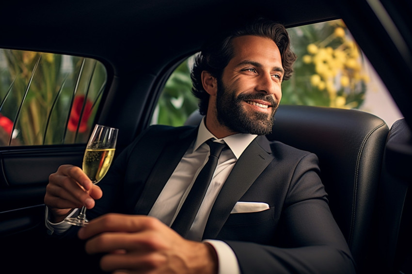 Stylish man celebrating success in limousine