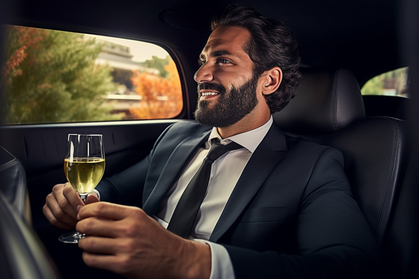 Stylish man celebrating success in limousine