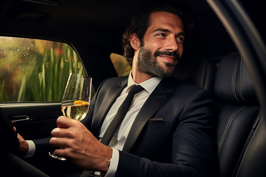 Stylish man celebrating success in limousine