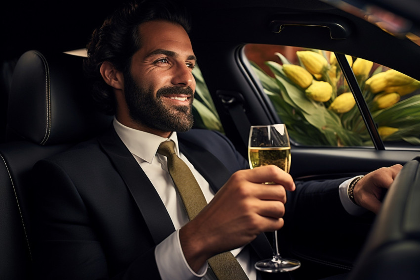 Stylish man celebrating success in limousine