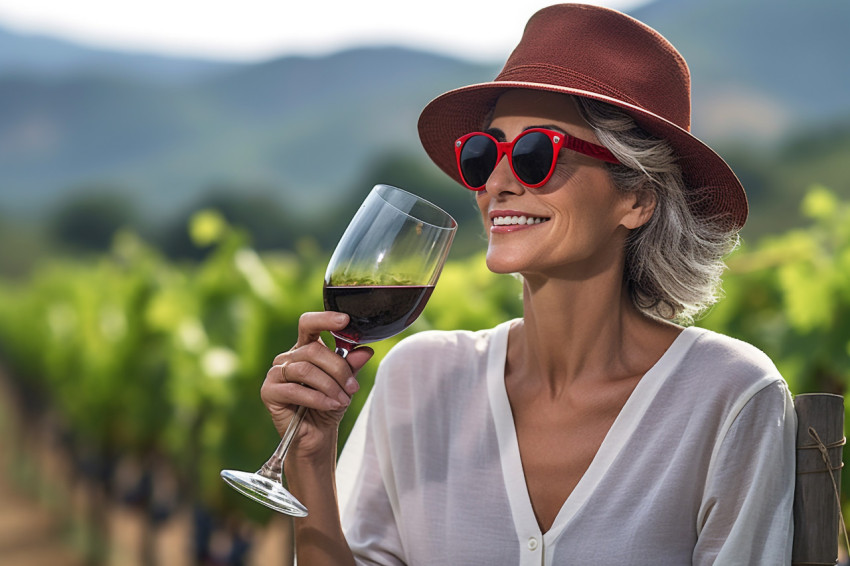 Elegant woman savoring wine at vineyard