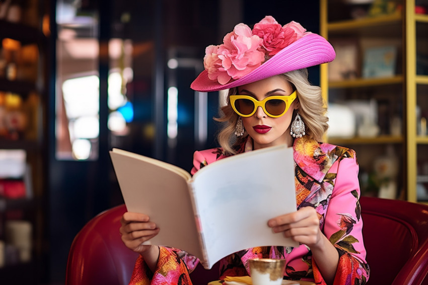 Lady reading book at trendy cafe