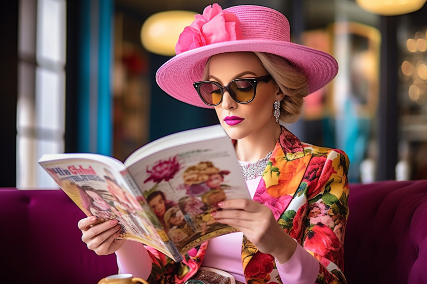 Lady reading book at trendy cafe