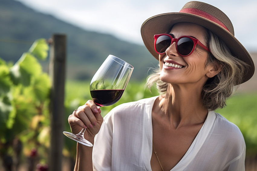 Elegant woman savoring wine at vineyard