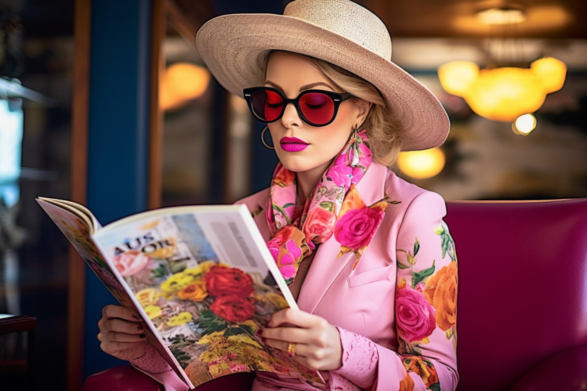 Lady reading book at trendy cafe