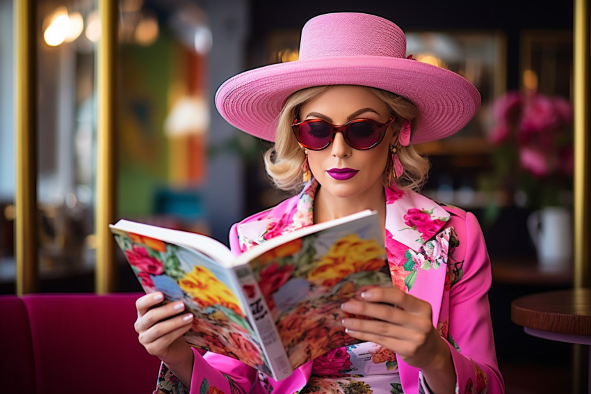 Lady reading book at trendy cafe