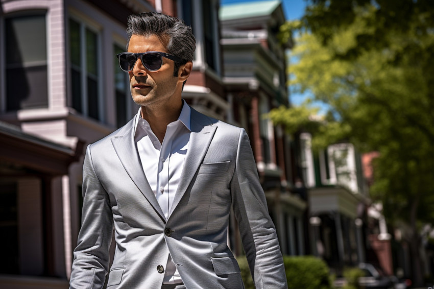 Posh man walking down a trendy city street