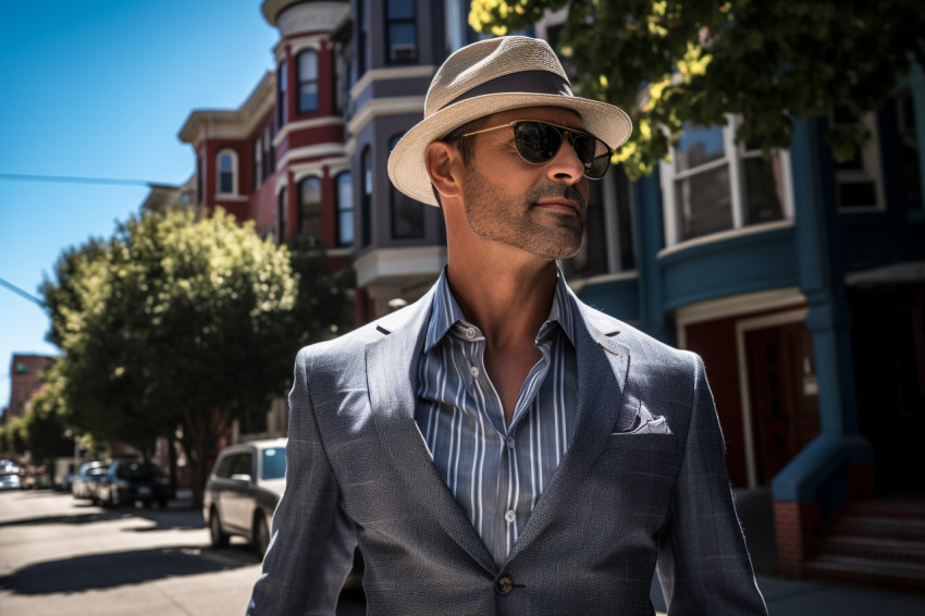 Posh man walking down a trendy city street