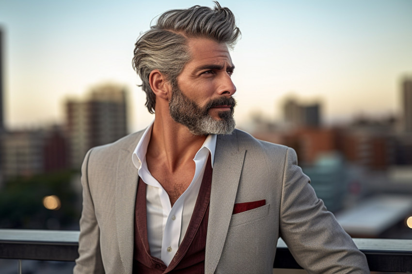 Stylish man enjoys city skyline from rooftop bar Stylish man enjoys city skyline from rooftop bar