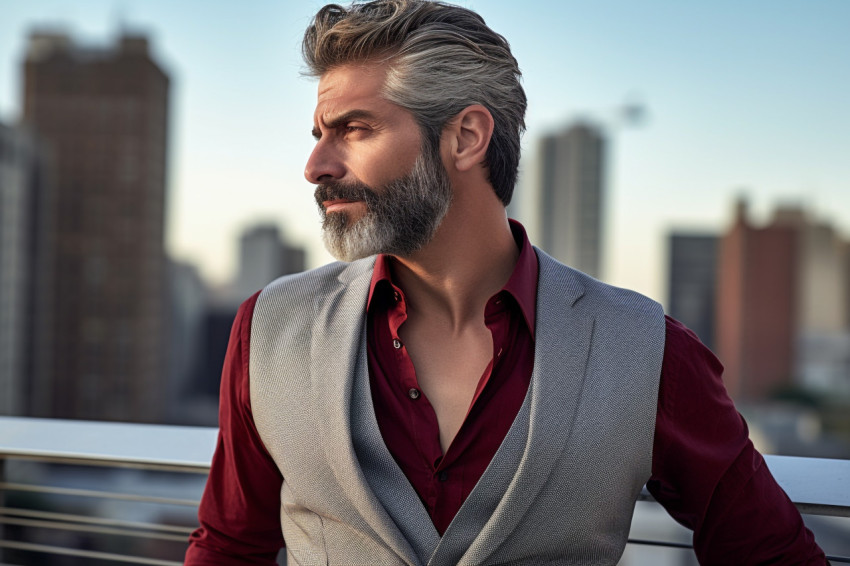 Stylish man enjoys city skyline from rooftop bar Stylish man enjoys city skyline from rooftop bar
