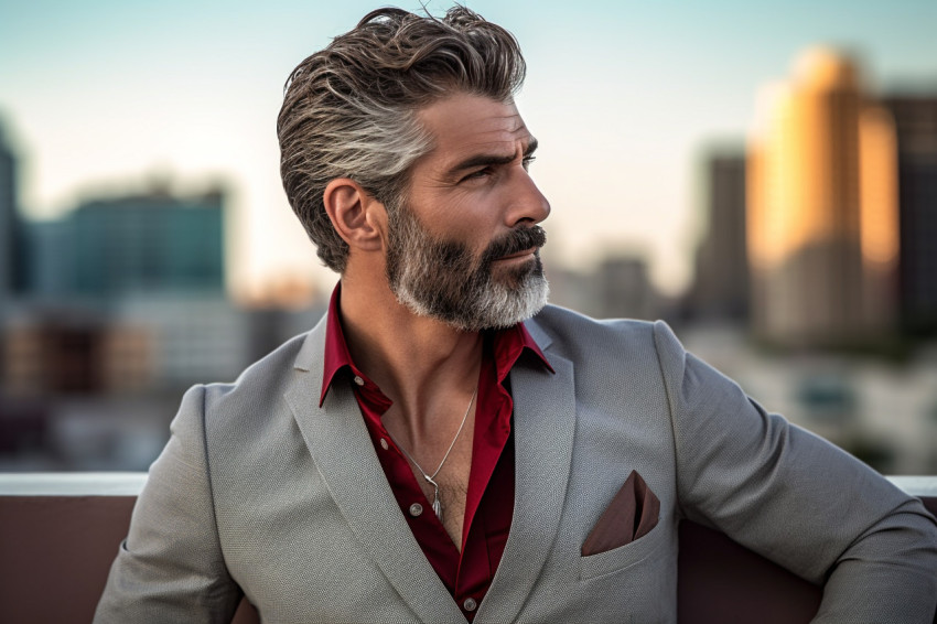 Stylish man enjoys city skyline from rooftop bar Stylish man enjoys city skyline from rooftop bar