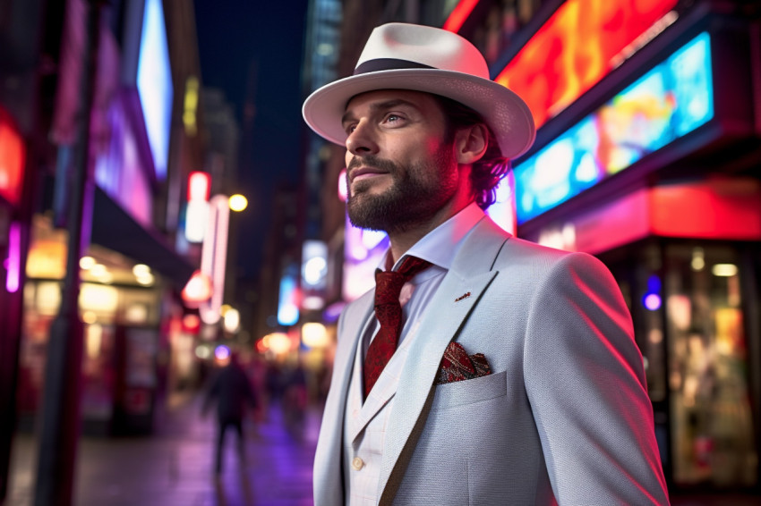 Trendy man enjoying the vibrant nightlife of a metropolitan city