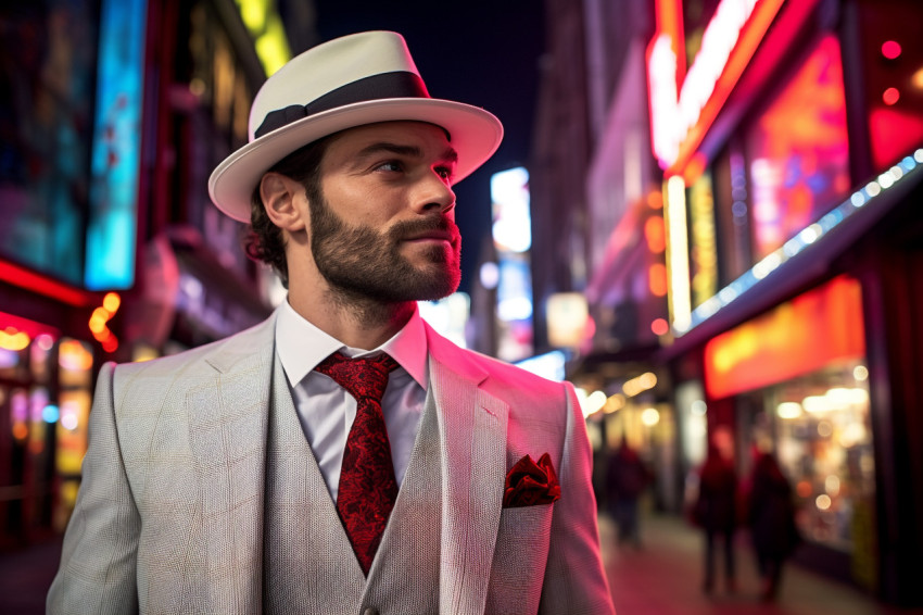 Trendy man enjoying the vibrant nightlife of a metropolitan city