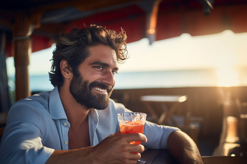 Stylish man enjoying a tropical drink at a beachfront bar