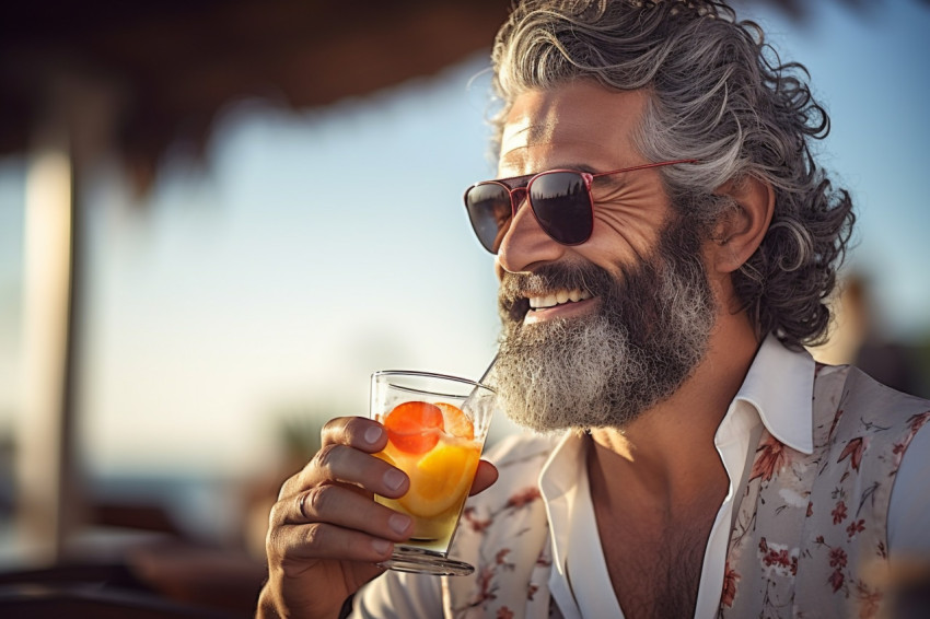 Stylish man enjoying a tropical drink at a beachfront bar