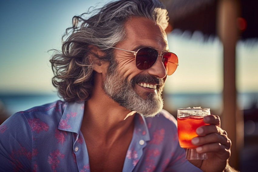 Stylish man enjoying a tropical drink at a beachfront bar