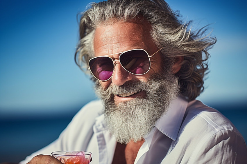 Stylish man enjoying a tropical drink at a beachfront bar