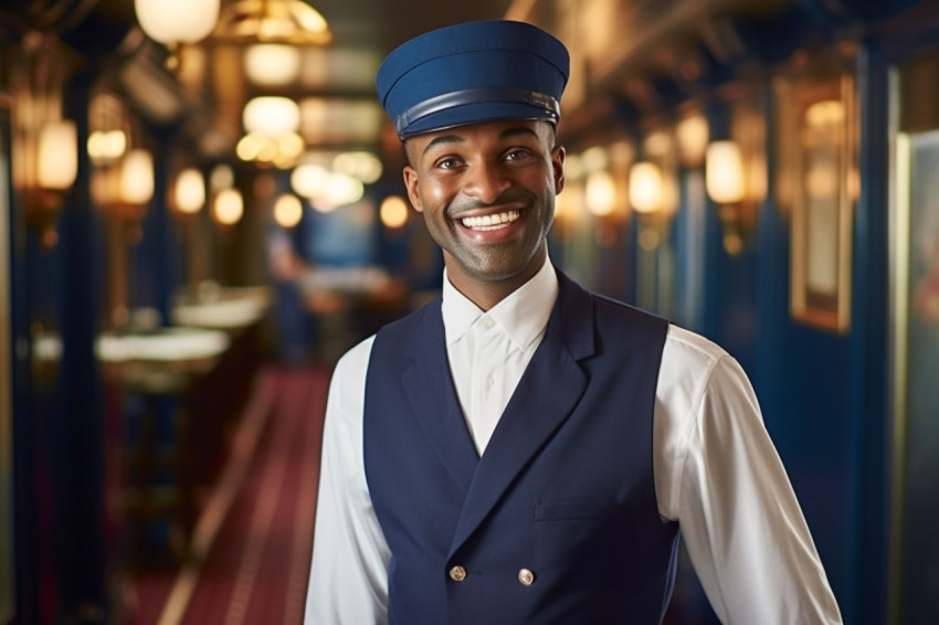 Friendly bellhop smiling at work