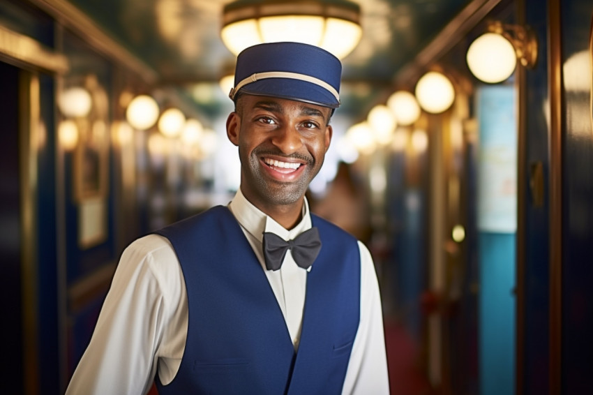 Friendly bellhop smiling at work